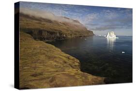 Icebergs Off the Coast with Low Clouds over Cliffs, Qeqertarsuaq, Disko Bay, Greenland, August-Jensen-Stretched Canvas