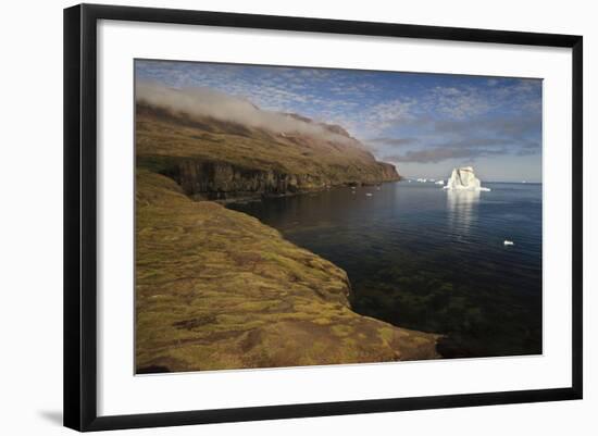 Icebergs Off the Coast with Low Clouds over Cliffs, Qeqertarsuaq, Disko Bay, Greenland, August-Jensen-Framed Photographic Print