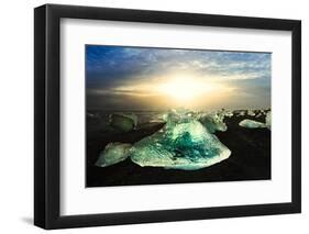 Icebergs on a black sand volcanic beach next to the Jokulsarlon glacial lake in Vatnajokull Nationa-Alex Robinson-Framed Photographic Print