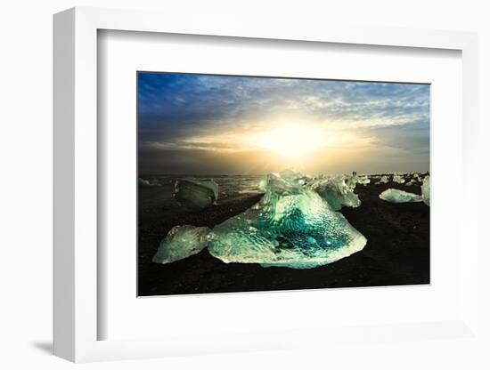 Icebergs on a black sand volcanic beach next to the Jokulsarlon glacial lake in Vatnajokull Nationa-Alex Robinson-Framed Photographic Print