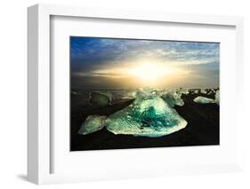 Icebergs on a black sand volcanic beach next to the Jokulsarlon glacial lake in Vatnajokull Nationa-Alex Robinson-Framed Photographic Print