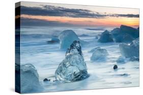 Icebergs on the Black Beach in Southern Iceland-Alex Saberi-Stretched Canvas