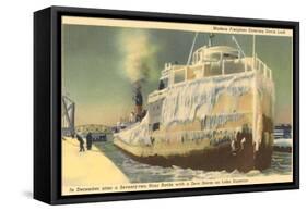 Iced Over Freighter, Davis Lock, Lake Superior, Michigan-null-Framed Stretched Canvas