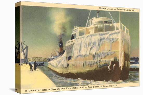 Iced Over Freighter, Davis Lock, Lake Superior, Michigan-null-Stretched Canvas
