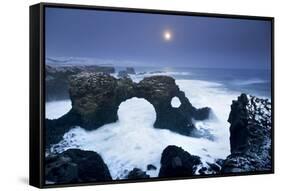 Iceland, Characteristic Cliff Overlooking the Sea, Illuminated by the Moonlight-Alessandro Carboni-Framed Stretched Canvas
