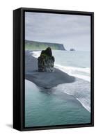 Iceland. Dyrholaey. Black Sand Beach and Sea Stack-Inger Hogstrom-Framed Stretched Canvas