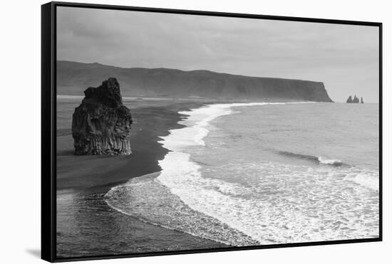 Iceland. Dyrholaey. Black Sand Beach and Sea Stack-Inger Hogstrom-Framed Stretched Canvas