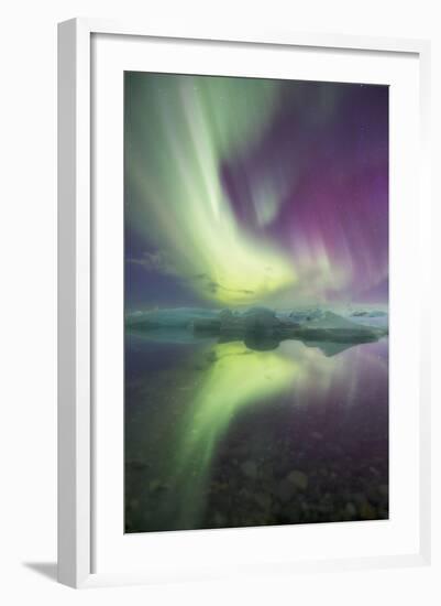 Iceland, Jokulsarlon. Aurora lights reflect in lagoon.-Josh Anon-Framed Photographic Print