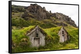 Iceland, Nupsstadur Turf Farmstead. Old homes covered with turf for protection and insulation.-Ellen Goff-Framed Stretched Canvas