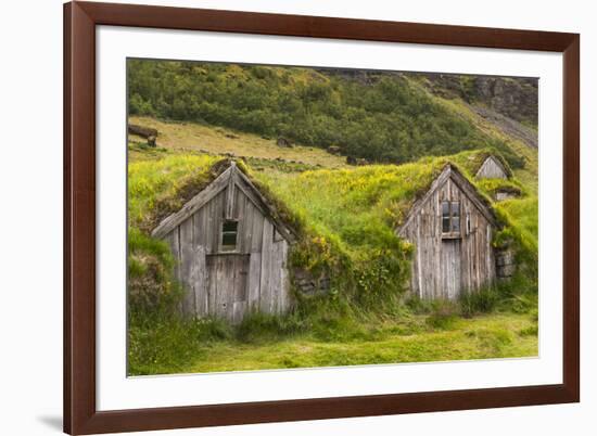 Iceland, Nupsstadur Turf Farmstead. Old homes covered with turf for protection and insulation.-Ellen Goff-Framed Premium Photographic Print