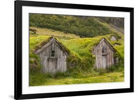 Iceland, Nupsstadur Turf Farmstead. Old homes covered with turf for protection and insulation.-Ellen Goff-Framed Premium Photographic Print