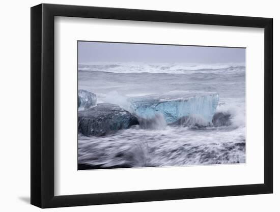 Iceland, Skaftafell National Park, Surf hits glacial ice on a black sand beach.-Ellen Goff-Framed Photographic Print