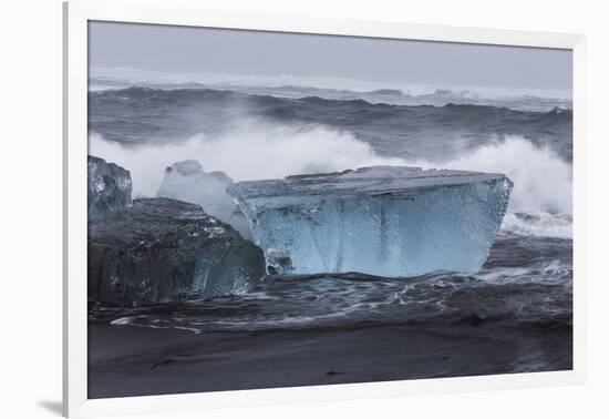 Iceland, Skaftafell National Park, Surf hits glacial ice on a black sand beach.-Ellen Goff-Framed Photographic Print