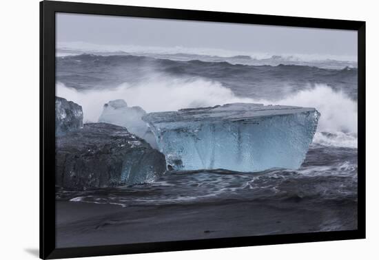 Iceland, Skaftafell National Park, Surf hits glacial ice on a black sand beach.-Ellen Goff-Framed Photographic Print