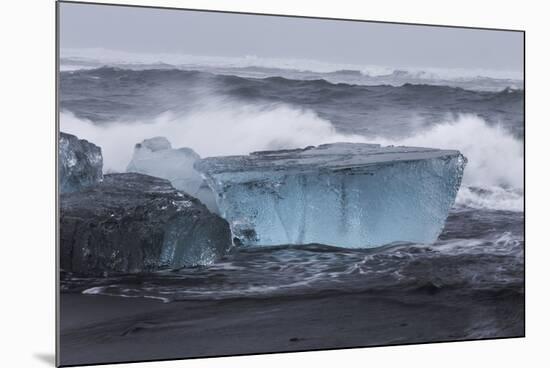 Iceland, Skaftafell National Park, Surf hits glacial ice on a black sand beach.-Ellen Goff-Mounted Photographic Print