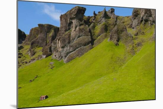 Iceland. South. Kirkjubaejarklaustur. Tiny Cabin Beneath the Cliff-Inger Hogstrom-Mounted Photographic Print