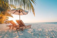 Beautiful Tropical Sunset Scenery, Two Sun Beds, Loungers, Umbrella under Palm Tree. White Sand, Se-icemanphotos-Photographic Print