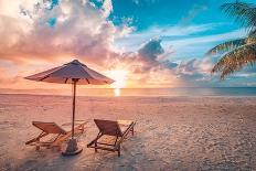 Beautiful Tropical Sunset Scenery, Two Sun Beds, Loungers, Umbrella under Palm Tree. White Sand, Se-icemanphotos-Photographic Print