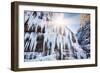 Icicles and A Jet of Water on the Frozen Waterfall-Olga Gavrilova-Framed Photographic Print