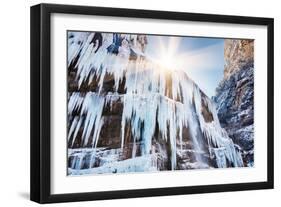 Icicles and A Jet of Water on the Frozen Waterfall-Olga Gavrilova-Framed Photographic Print