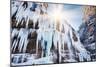 Icicles and A Jet of Water on the Frozen Waterfall-Olga Gavrilova-Mounted Photographic Print