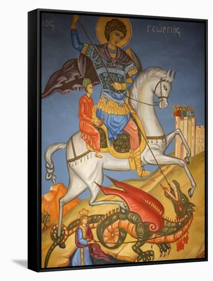 Icon Depicting St. George Slaying a Dragon in St. George's Orthodox Church, Madaba, Jordan-null-Framed Stretched Canvas