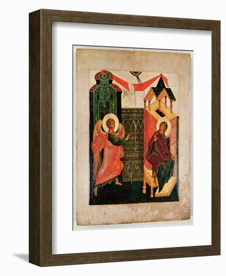 Icon Depicting the Annunciation, Novgorod School (Oil on Panel)-Russian-Framed Premium Giclee Print