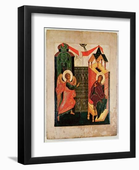 Icon Depicting the Annunciation, Novgorod School (Oil on Panel)-Russian-Framed Premium Giclee Print