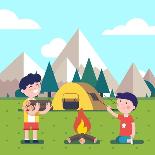 Hiking Kids at the Campfire near their Camping Tent at the Mountain Foots. Boy Brings Some Firewood-Iconic Bestiary-Art Print