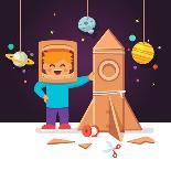 Kid Making Cardboard Box Rocket and Astronaut Costume Helmet. Boy Playing Space Exploration. Vector-Iconic Bestiary-Art Print
