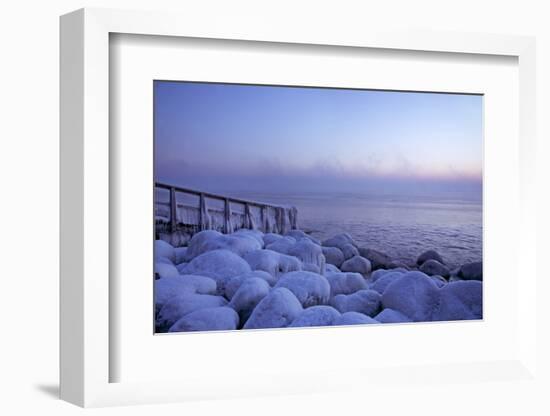 Icy Morning at the LŸbeck Bay in TravemŸnde, Iced Up Stones, Stairs, Morning Mood-Uwe Steffens-Framed Photographic Print