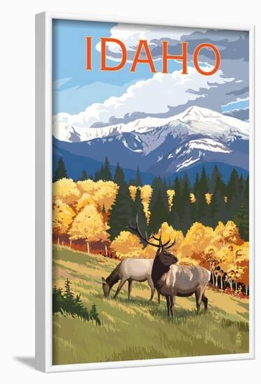 Idaho - Elk and Mountains-Lantern Press-Framed Art Print