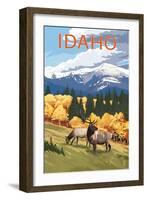 Idaho - Elk and Mountains-Lantern Press-Framed Art Print