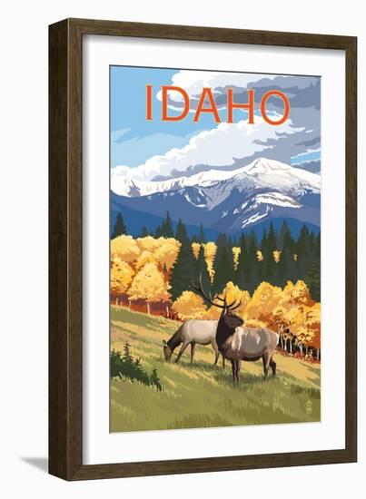 Idaho - Elk and Mountains-Lantern Press-Framed Art Print