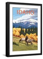 Idaho - Elk and Mountains-Lantern Press-Framed Art Print