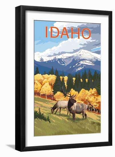 Idaho - Elk and Mountains-Lantern Press-Framed Art Print