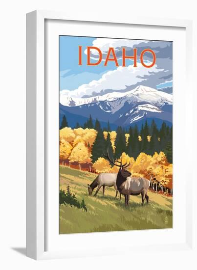 Idaho - Elk and Mountains-Lantern Press-Framed Art Print