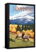 Idaho - Elk and Mountains-Lantern Press-Framed Stretched Canvas