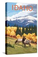 Idaho - Elk and Mountains-Lantern Press-Stretched Canvas