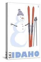 Idaho, Snowman with Skis-Lantern Press-Stretched Canvas