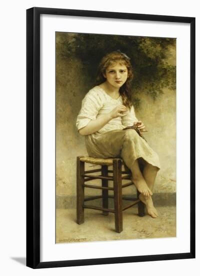 Idle Thoughts (Little Girl Sitting Embroidering)-William Adolphe Bouguereau-Framed Giclee Print