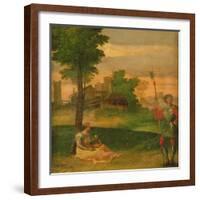 Idyll: Young Mother and Halberdier in a Wooded Landscape-Giorgio Giorgione-Framed Giclee Print