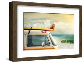 Idyllic Surfing Way of Life with a Van and Long Board near the Sea-Carlos Caetano-Framed Photographic Print