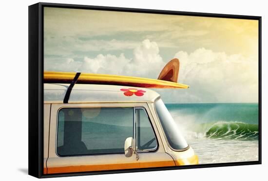 Idyllic Surfing Way of Life with a Van and Long Board near the Sea-Carlos Caetano-Framed Stretched Canvas