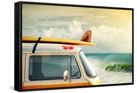 Idyllic Surfing Way of Life with a Van and Long Board near the Sea-Carlos Caetano-Framed Stretched Canvas