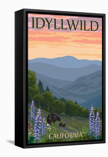 Idyllwild, California - Bear and Spring Flowers - Lantern Press Artwork-Lantern Press-Framed Stretched Canvas