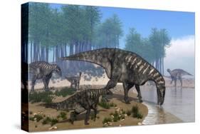 Iguanodon Dinosaurs Herd at the Shoreline - 3D Render-Stocktrek Images-Stretched Canvas