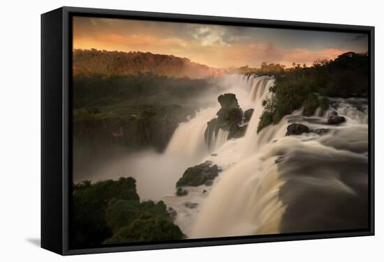 Iguazu Falls Waterfall at Sunset-Alex Saberi-Framed Stretched Canvas