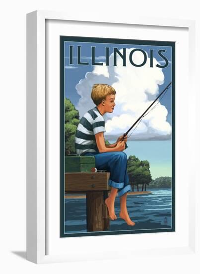 Illinois - Boy Fishing-Lantern Press-Framed Art Print