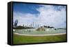 Illinois, Chicago, Grant Park, Buckingham Fountain and Loop Skyline Background-Bernard Friel-Framed Stretched Canvas